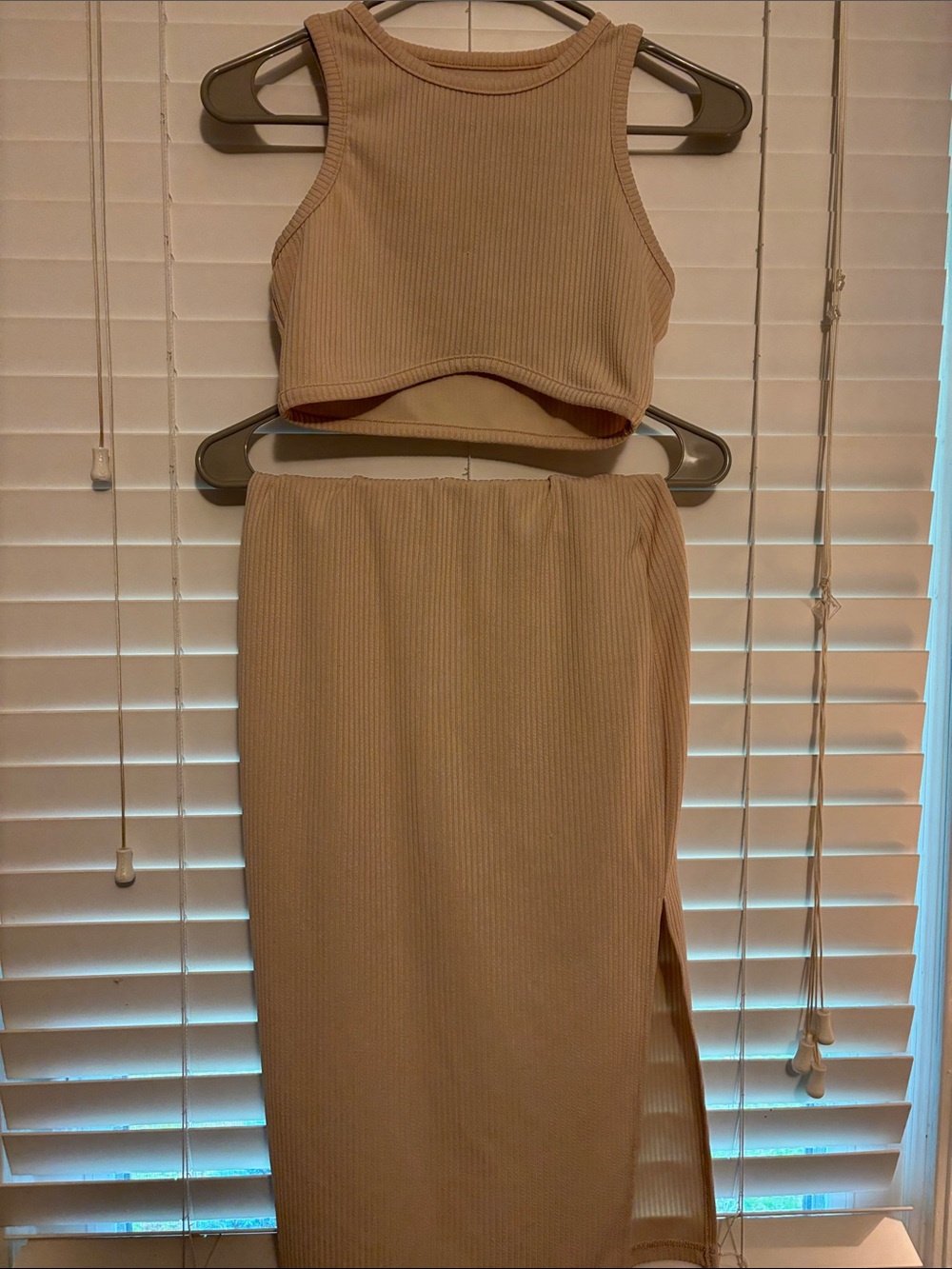 Ribbed Two-Piece Crop Top and Midi Skirt Set - Beige